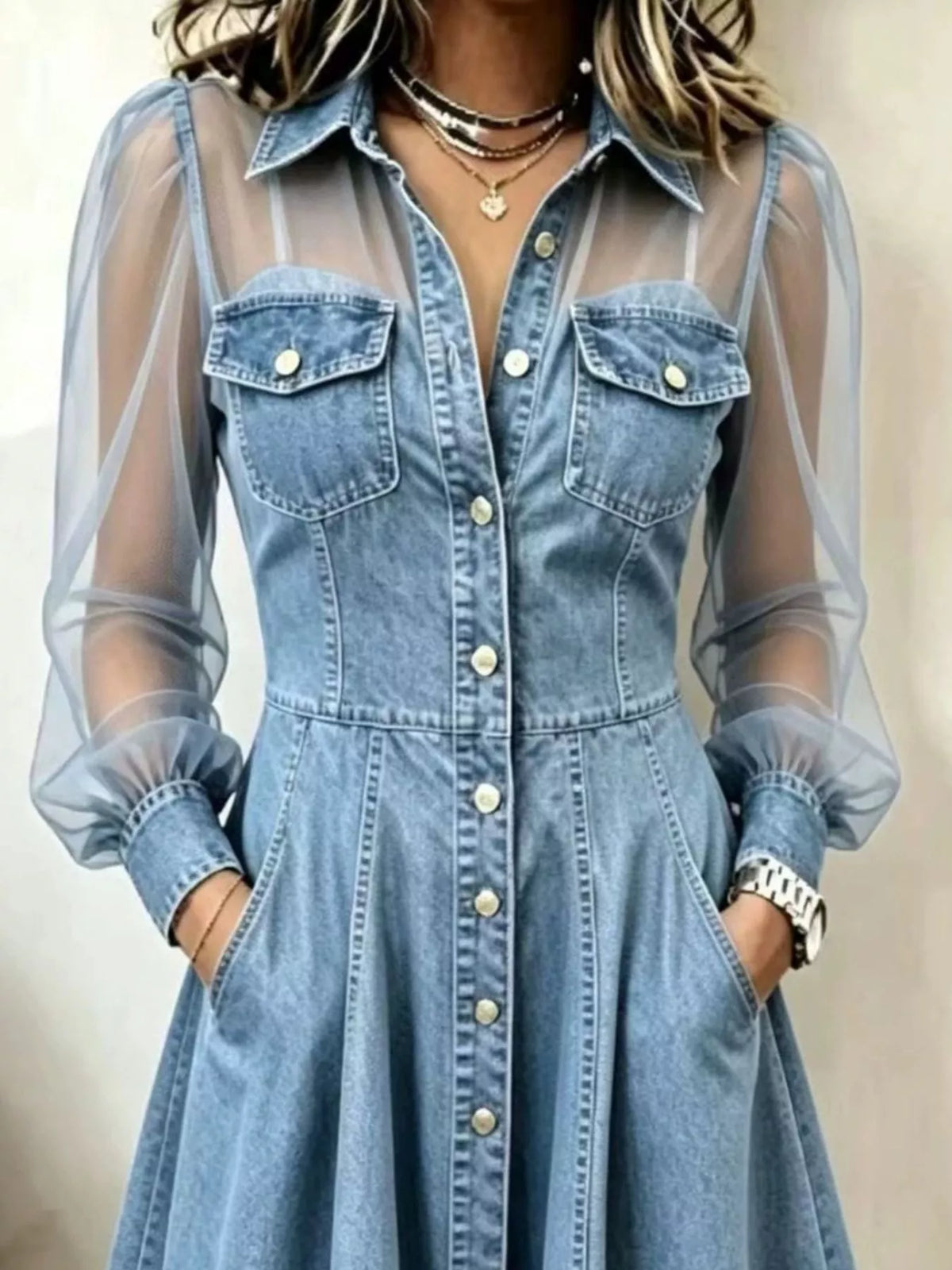 Light blue sheer mesh long sleeves shirt dress — design and construction details
