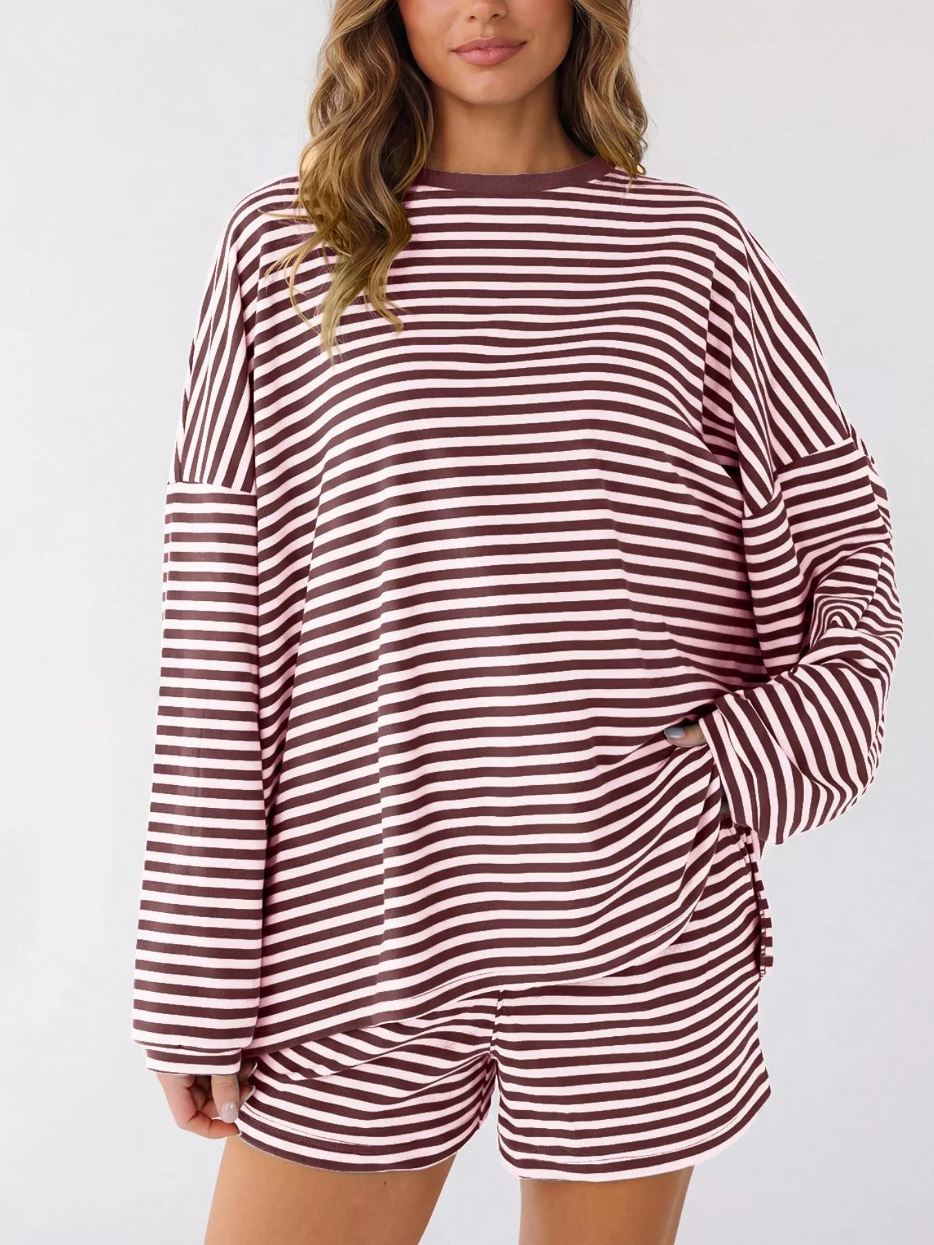 Trendsi Casual Striped Long Sleeve Top and Shorts Set -