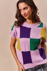 Trendsi SO ME Mardi Gras Check Plaid Casual Sweater Top -