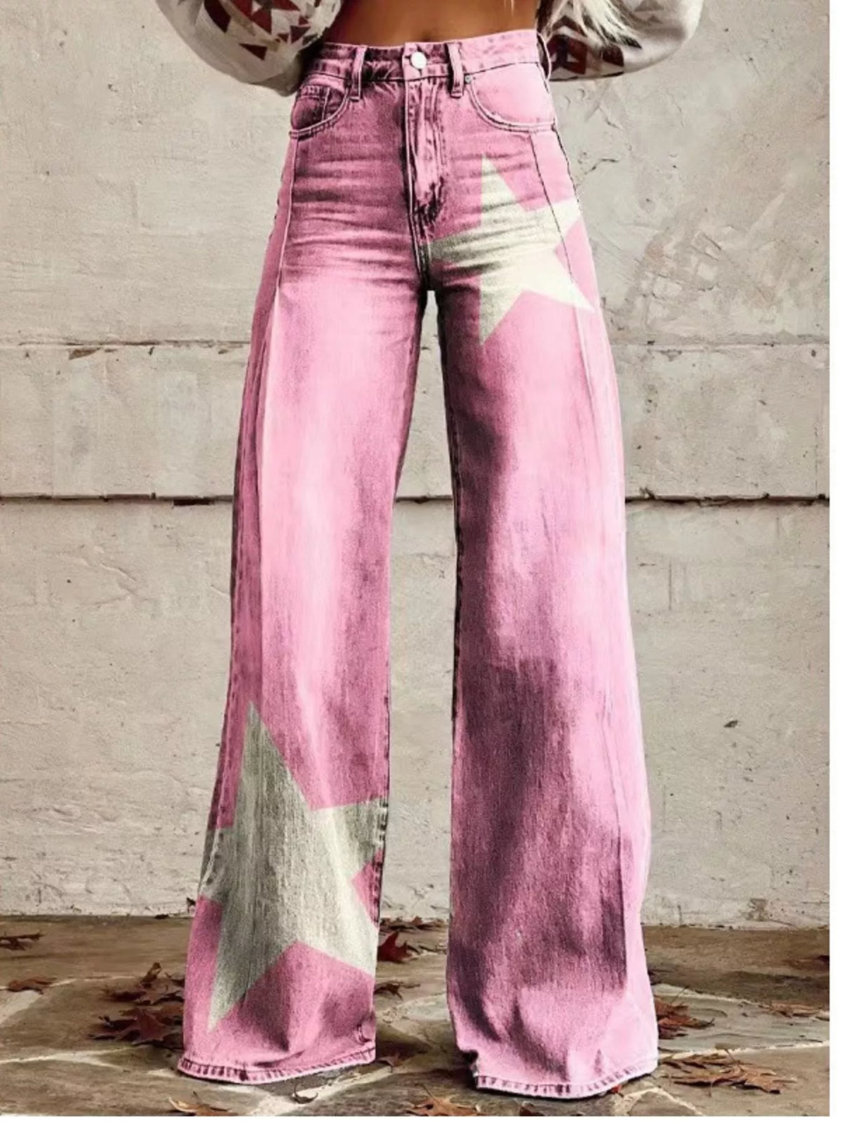 Star-Print Wide-Leg Pants in blush pink, front view