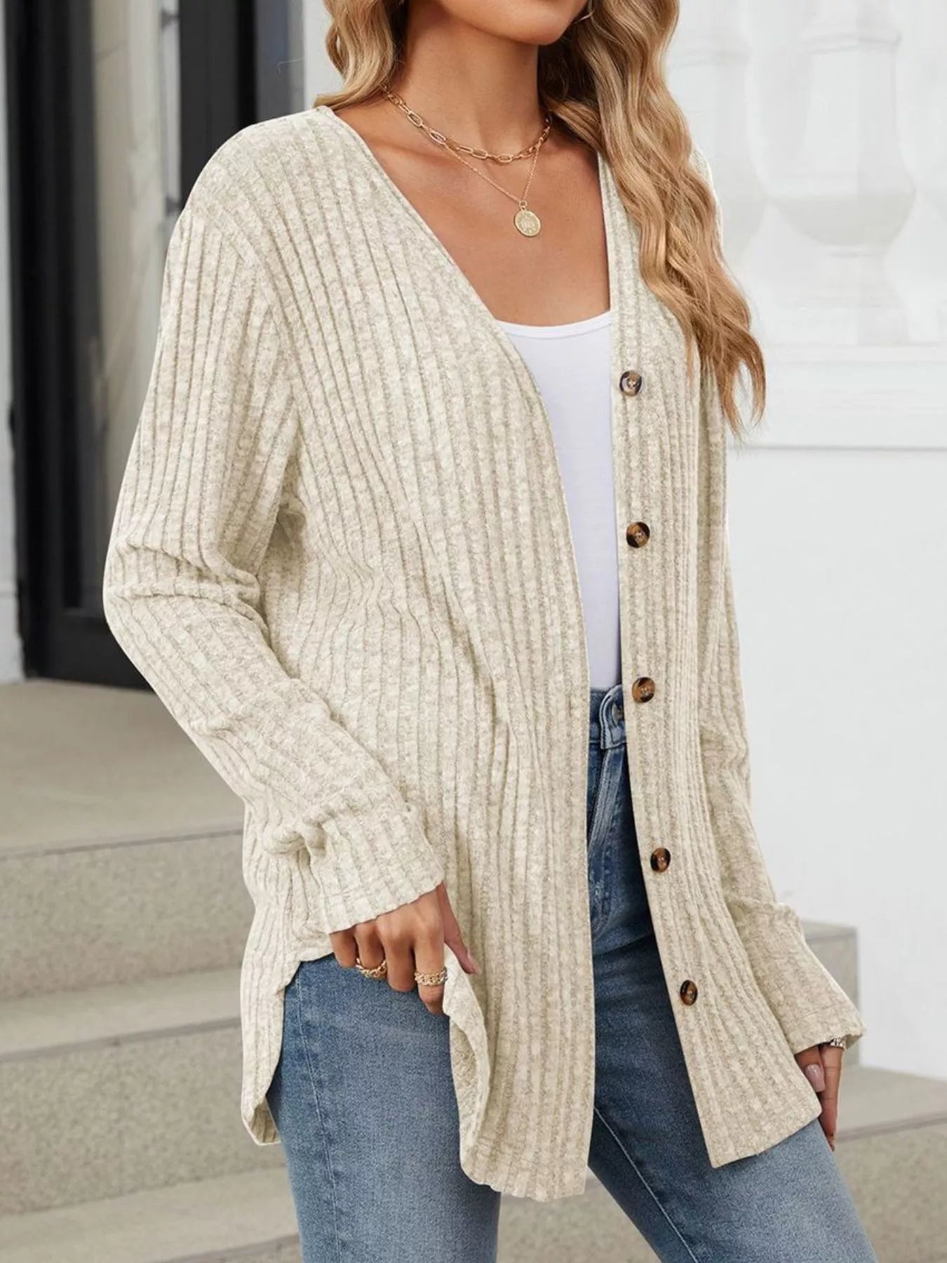 Trendsi Ribbed Button-Up Cardigan -