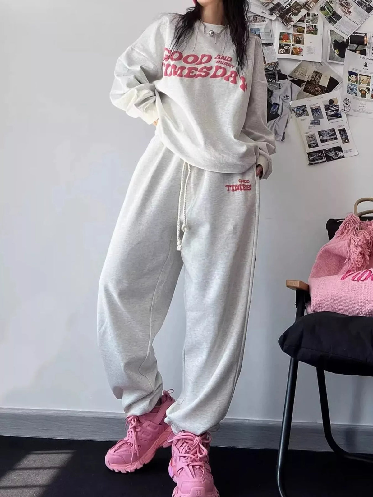 Oversized Graphic Sweatshirt and Jogger Set in gray
