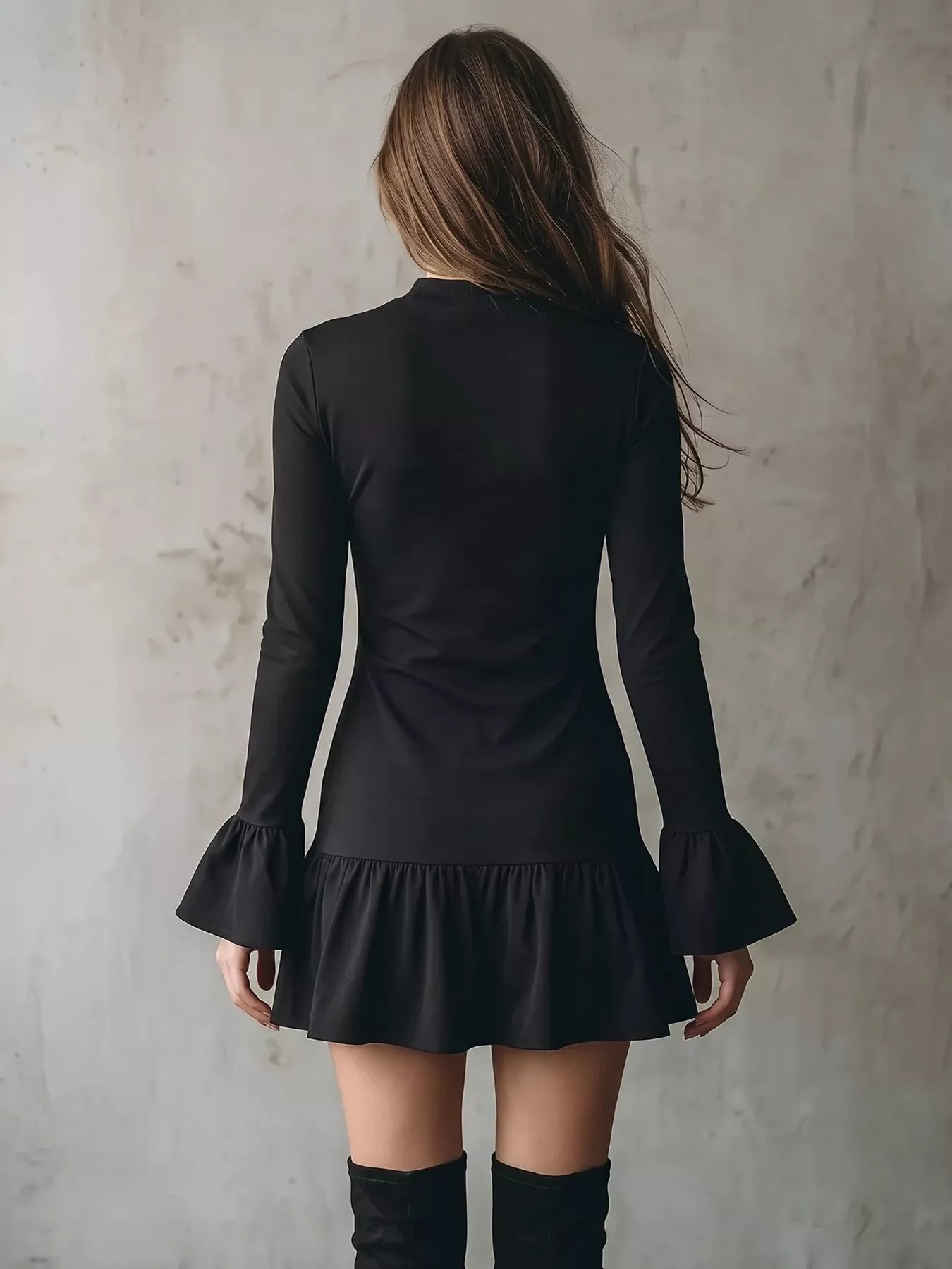 Trendsi Long-Sleeve Ruffle Hem Mini Dress -