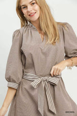 Trendsi Umgee Textured Contrast Trim Tie Waist Mini Dress -
