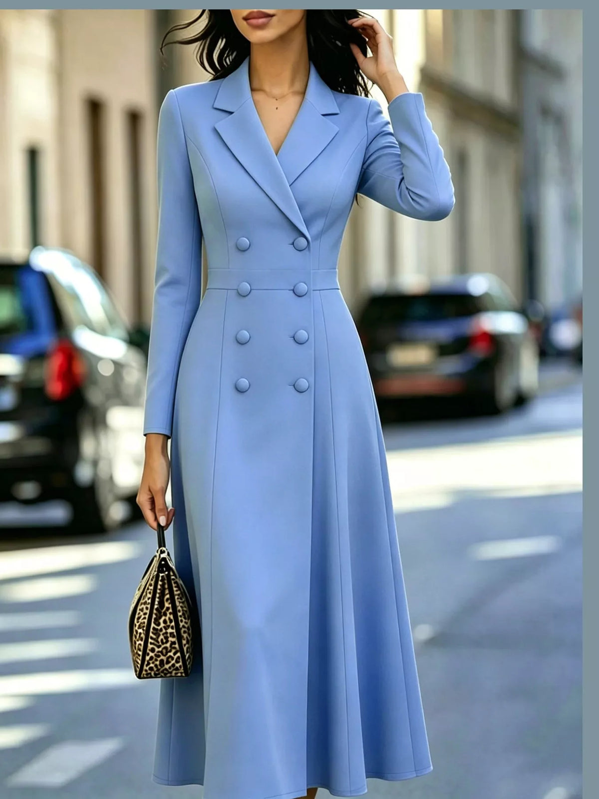 Blue double-breasted lapel collar midi dress — front view