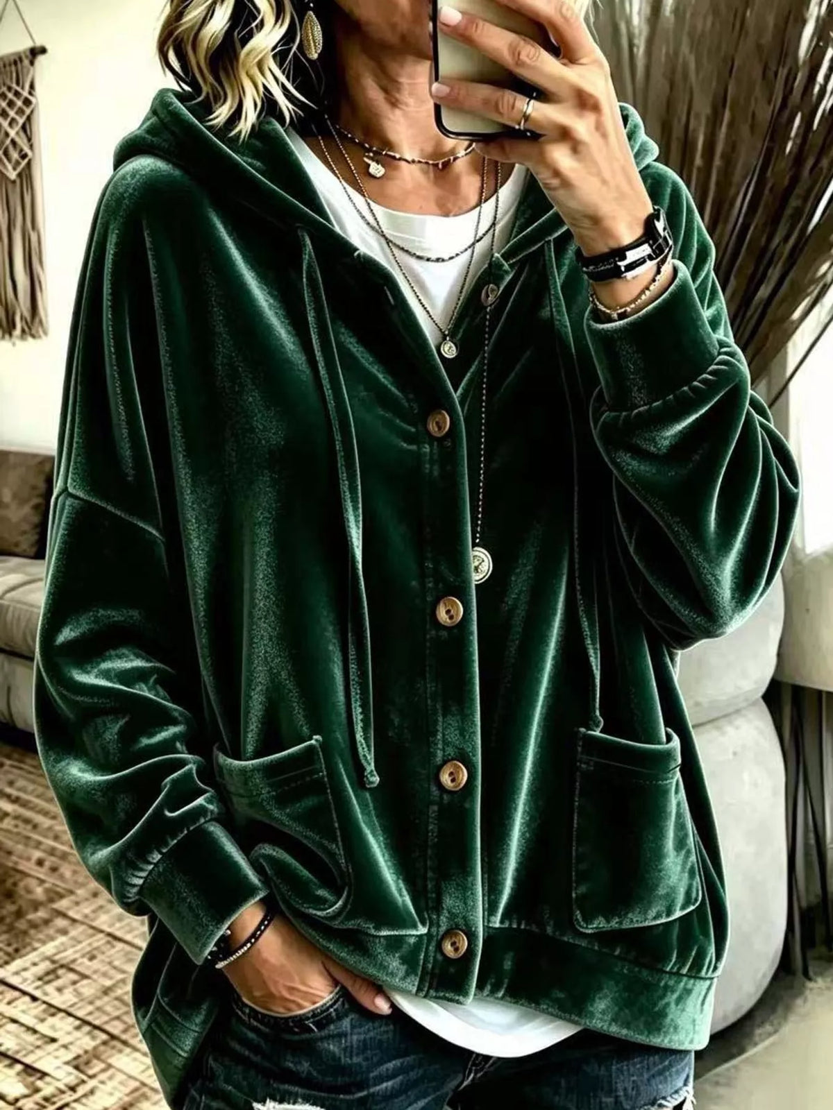 Green velvet dropped shoulder hoodie, front view