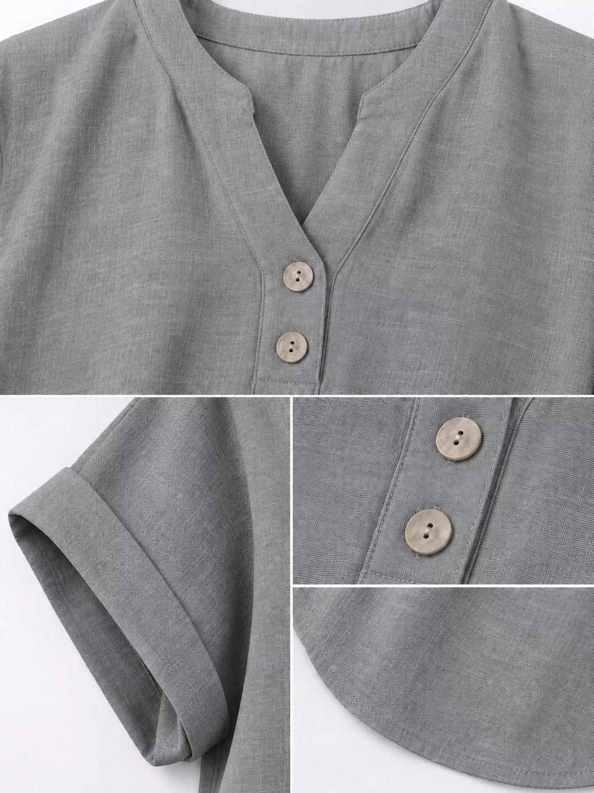 Gray button detail short sleeve blouse, detail view