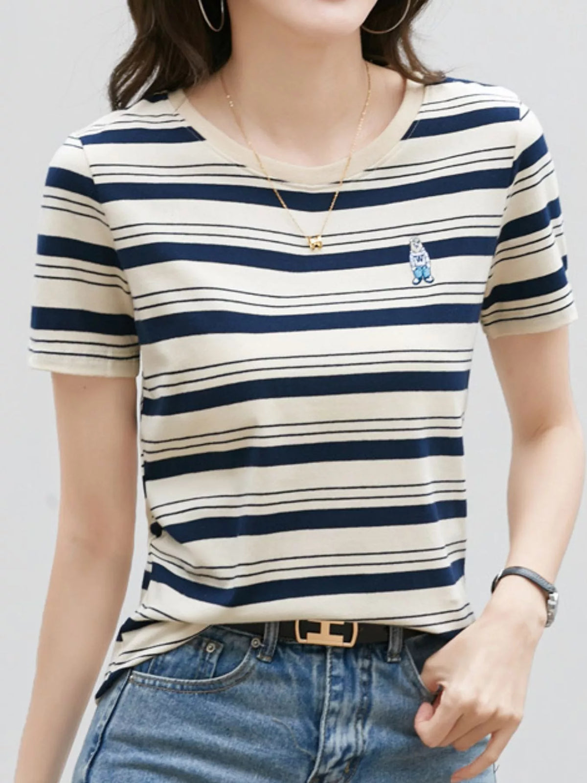 Blue - Striped striped crew neck embroidered t-shirt