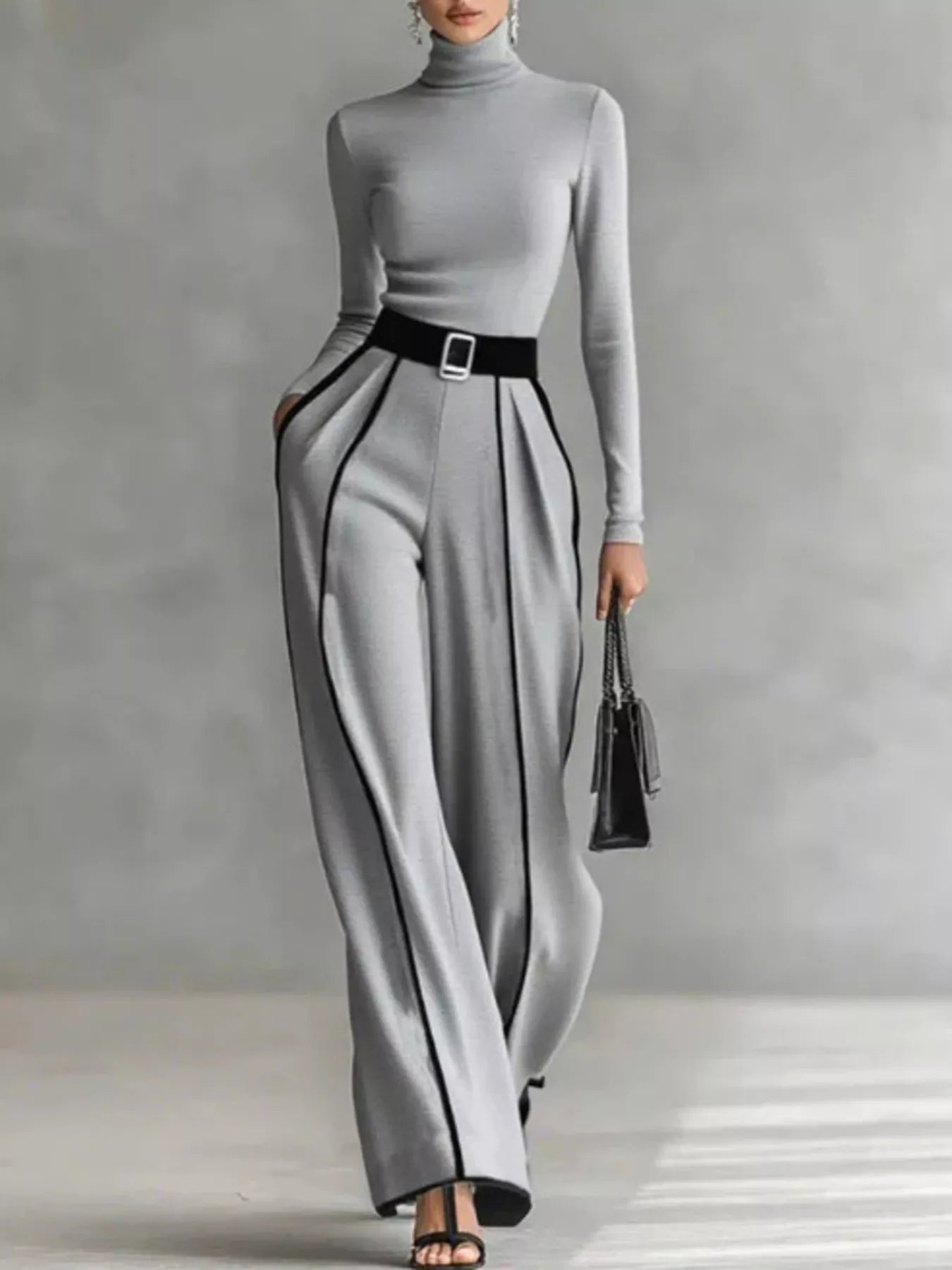 Trendsi Turtleneck Long Sleeve Top and Contrast Pants Set -