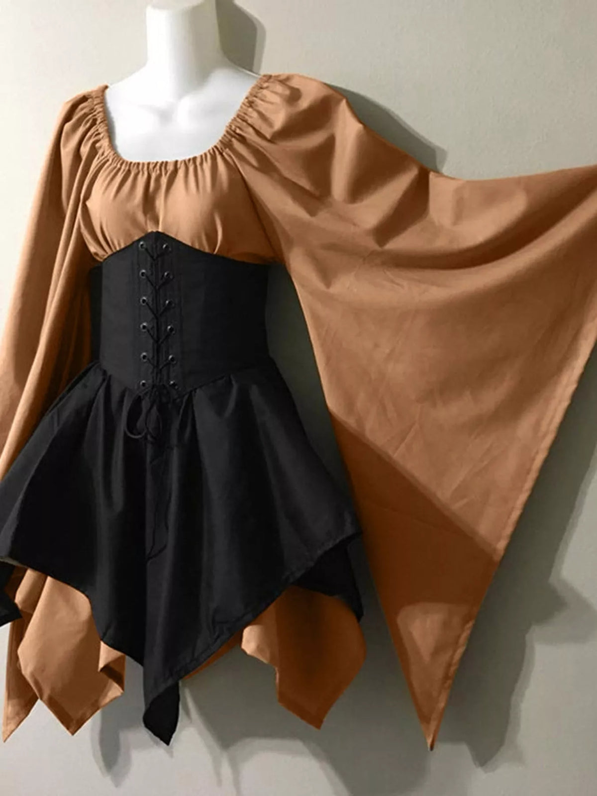 Lace-up asymmetric dress, tan black front