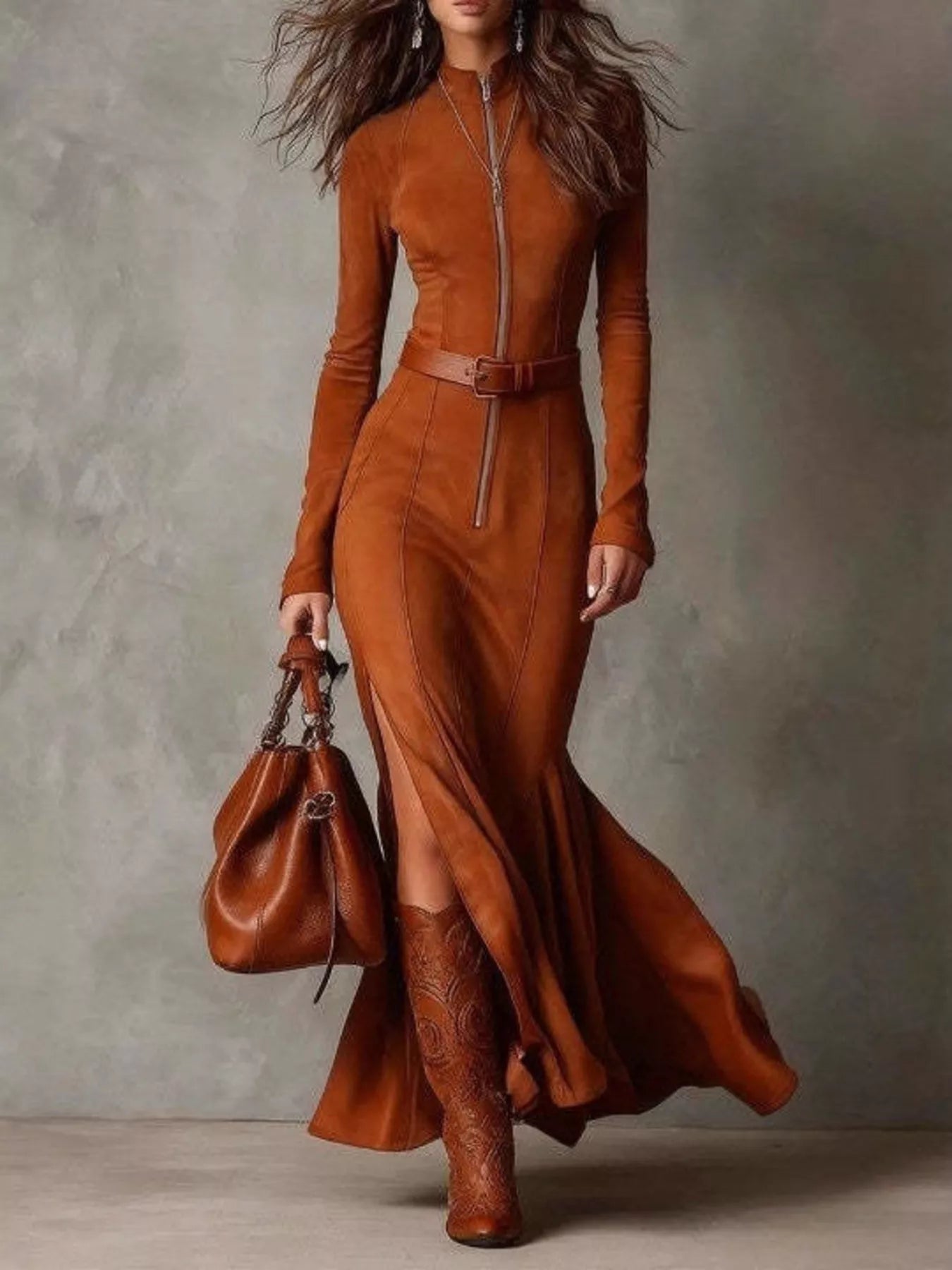 Trendsi Full Size Slit Zip-Front Long Sleeve Maxi Dress with Belt Plus Size -