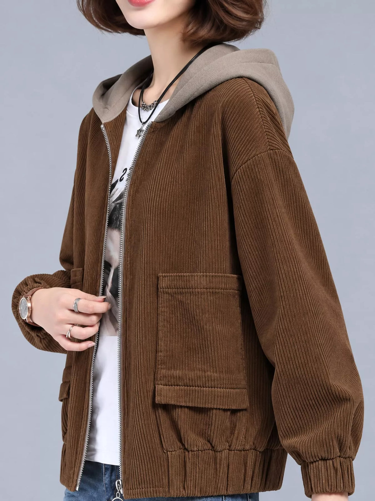 Brown corduroy hooded zip-up jacket — front view