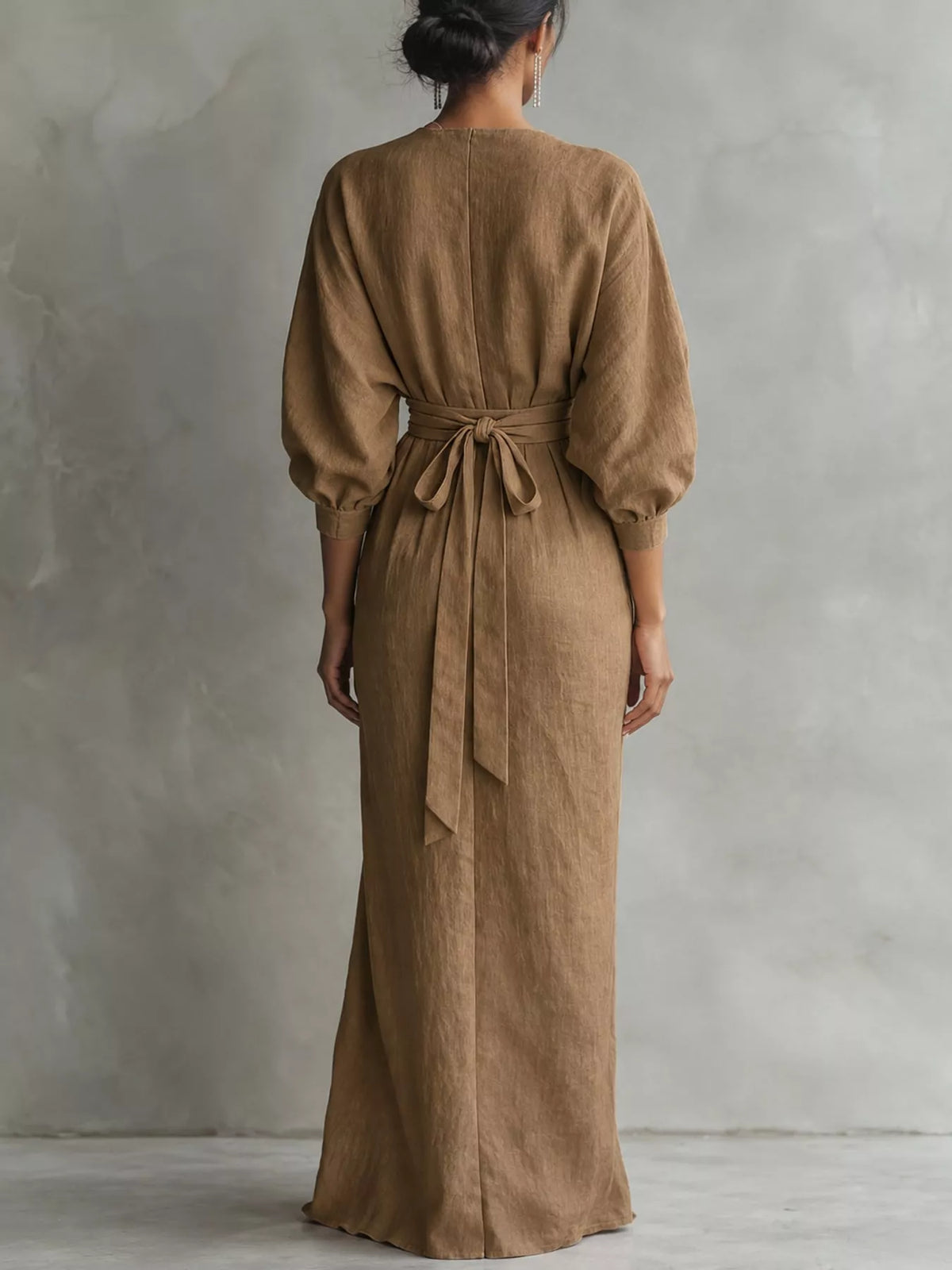 V-neck 3/4 sleeve maxi dress, back view