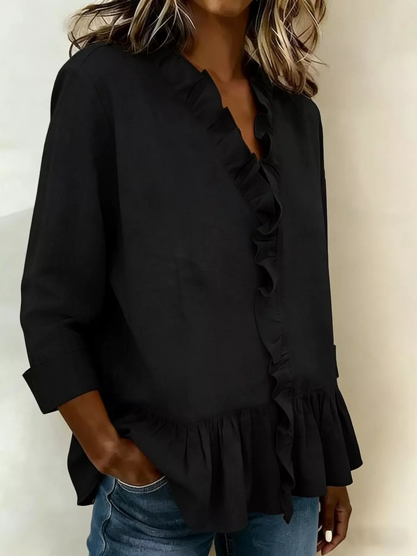 Trendsi Full Size Ruffled V-Neck Long Sleeve Blouse Plus Size -