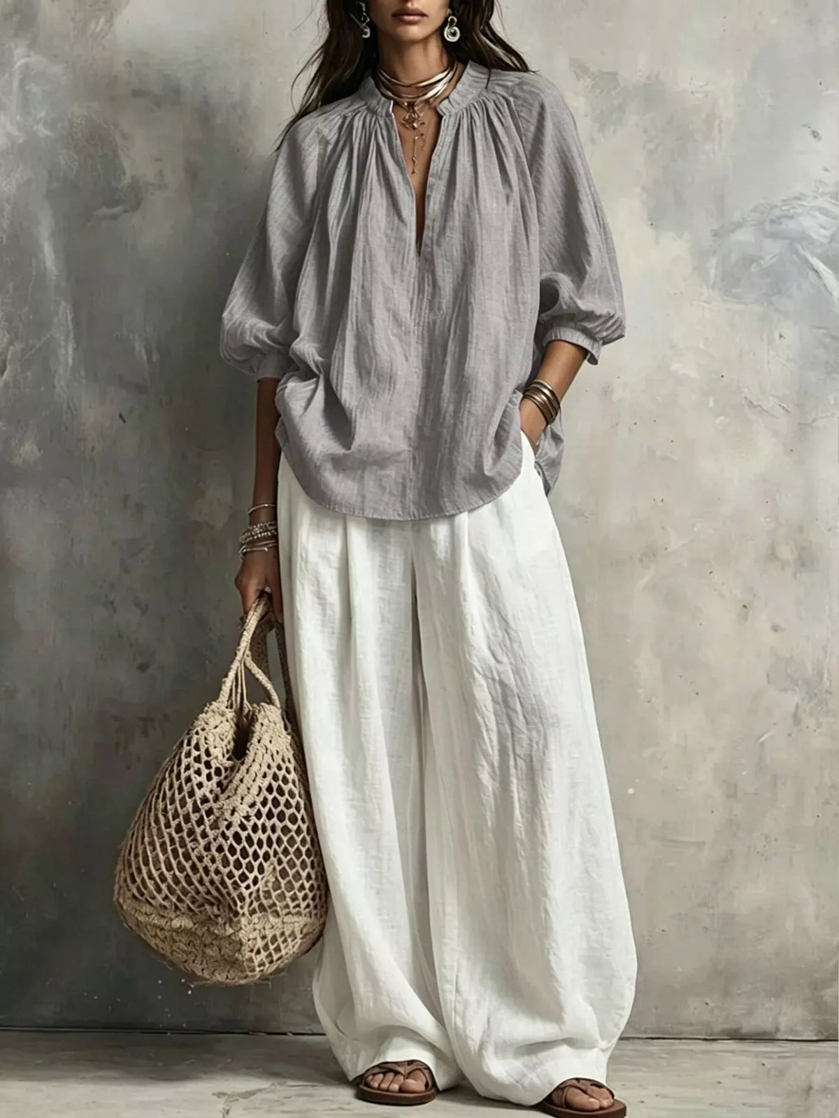 Gray Notched Long Sleeve Blouse & White Wide-Leg Pants Set front view