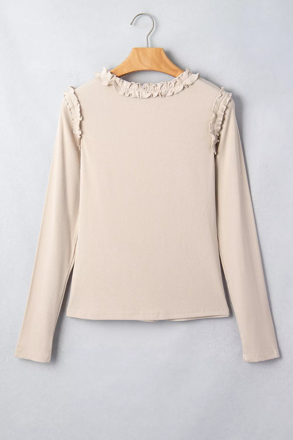 Trendsi Solid Color Round Neck Frill Detail Long Sleeve Top -