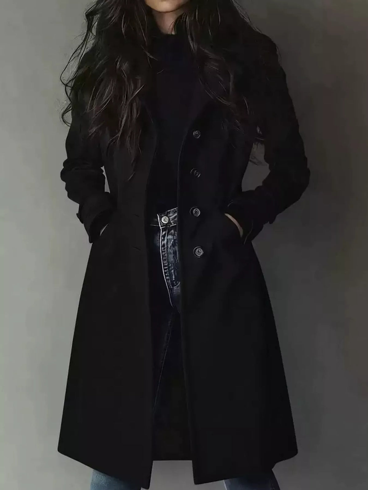 Collared long sleeve jacket, front view on model