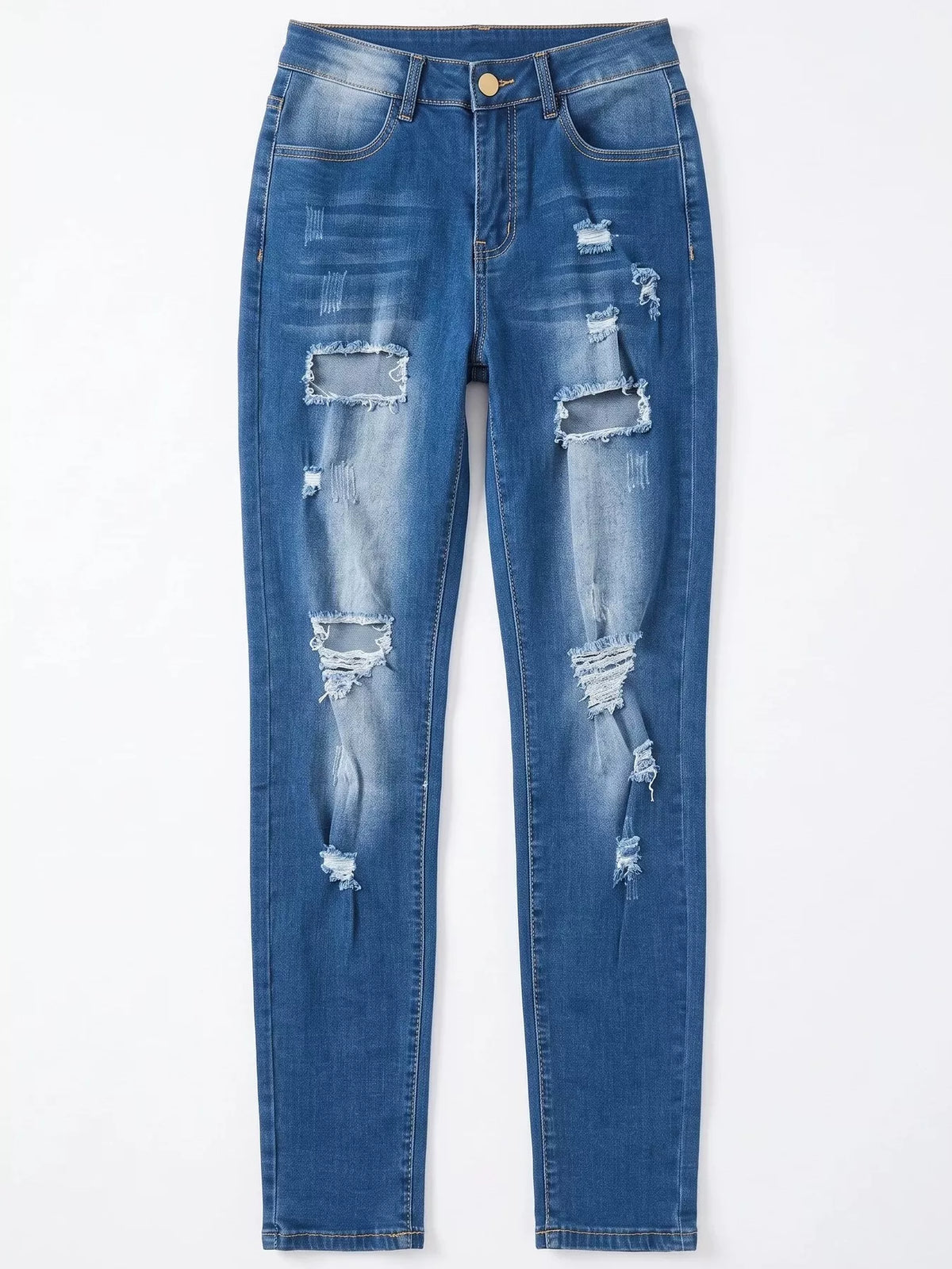 High-Waisted Distressed Skinny Jeans in blue, front laid flat view