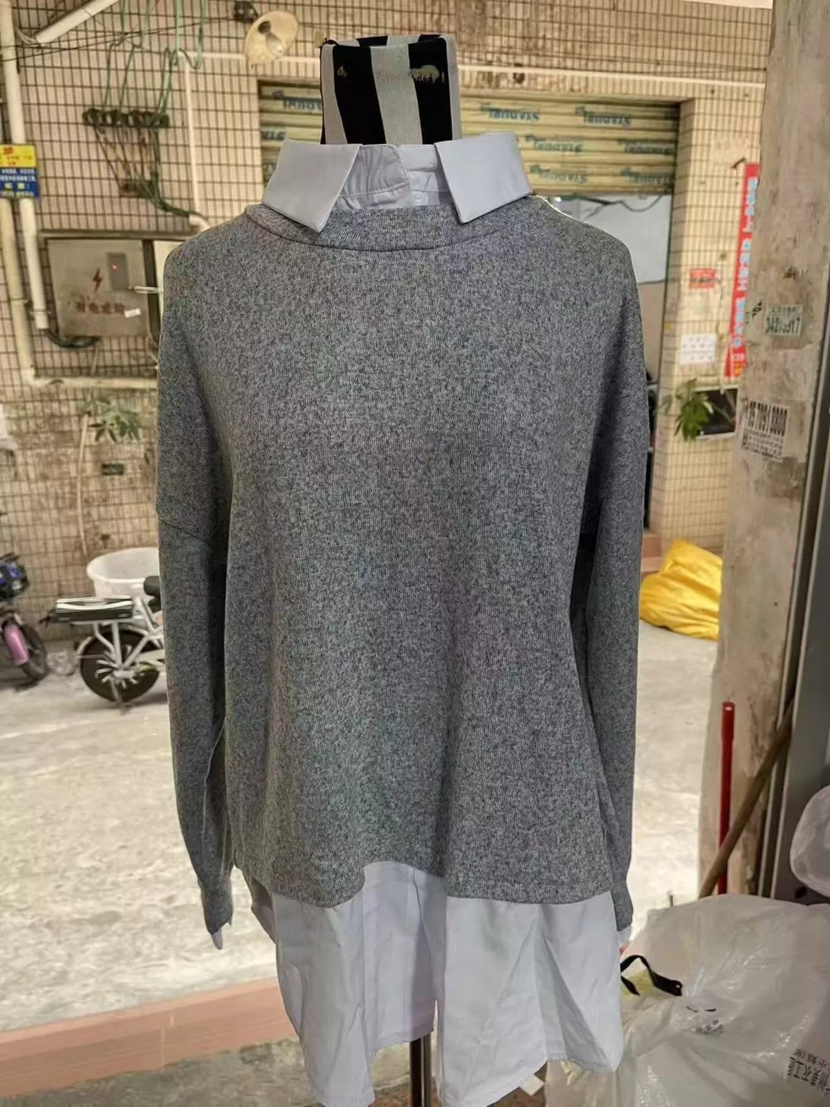 Gray Round Neck Long Sleeve Sweater back view