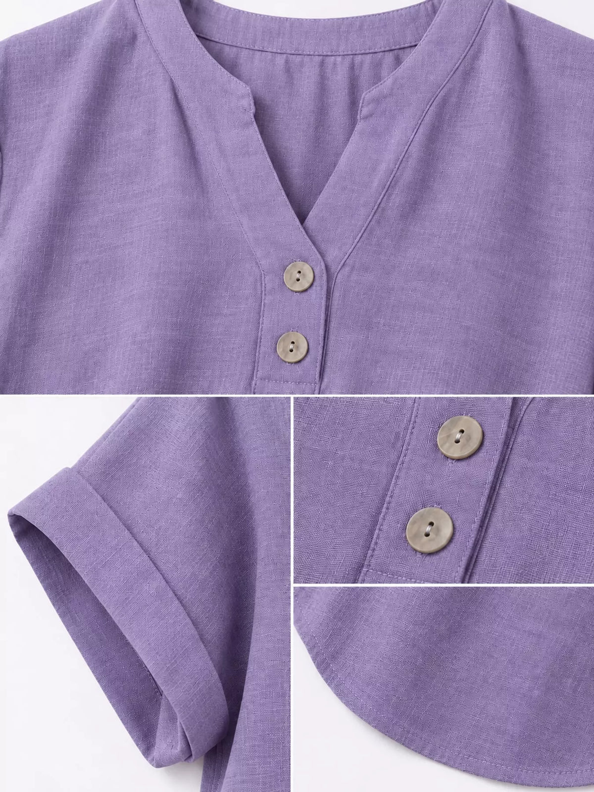 Purple button detail short sleeve blouse, detail view