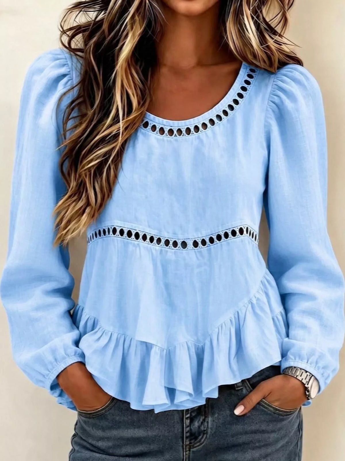 Women's Long Sleeve Blouse with Eyelet Lace Trim and Ruffled Hem in light blue — front view