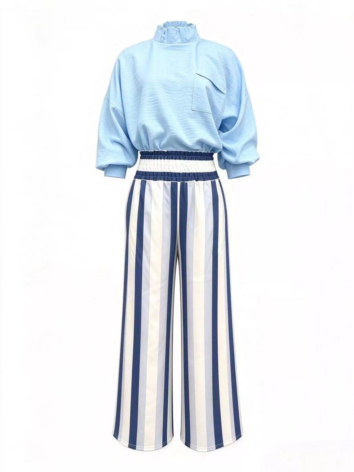 Blue mock-neck blouse and striped wide-leg trouser set — front view