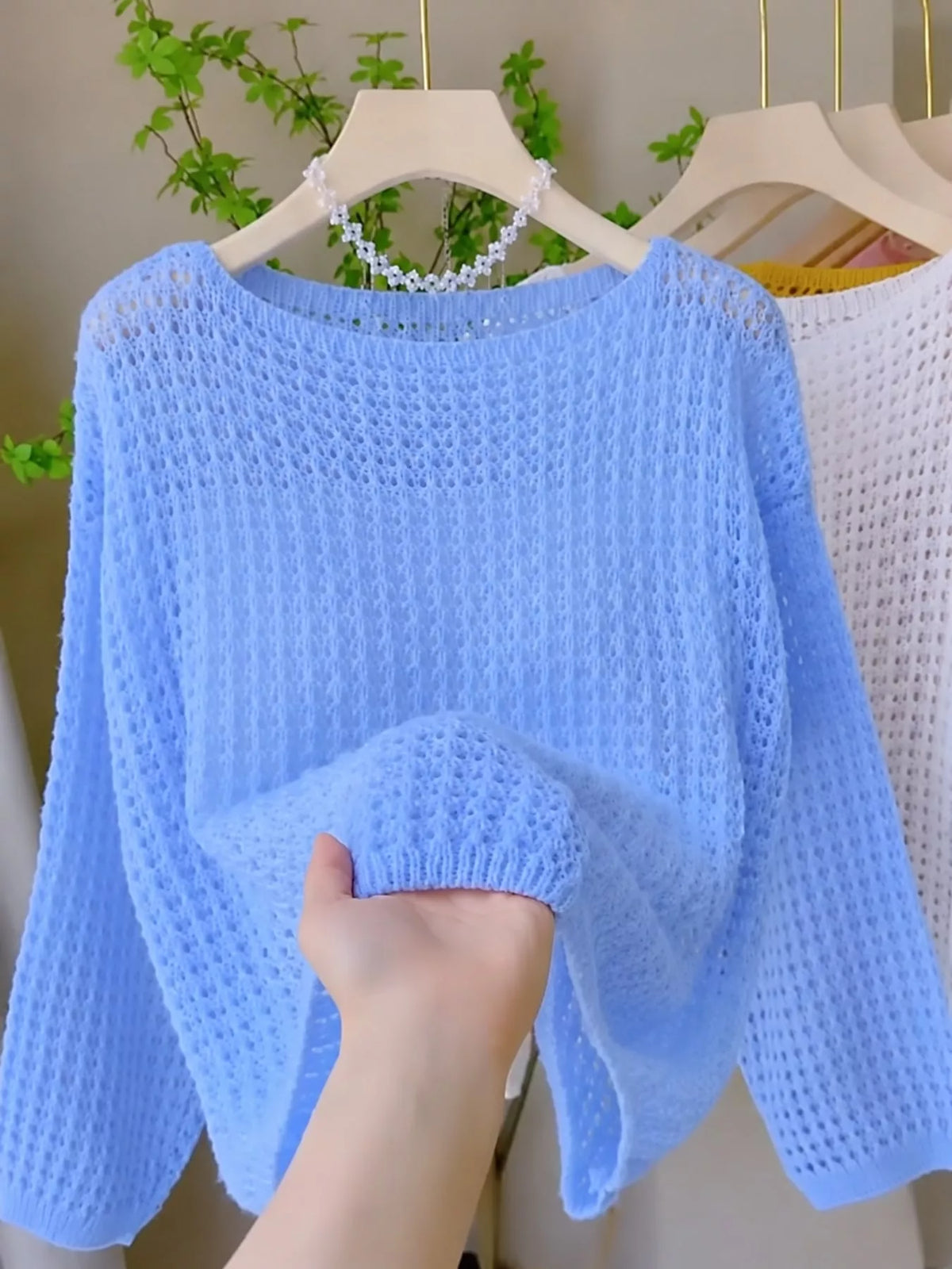 Blue openwork knit cover-up top