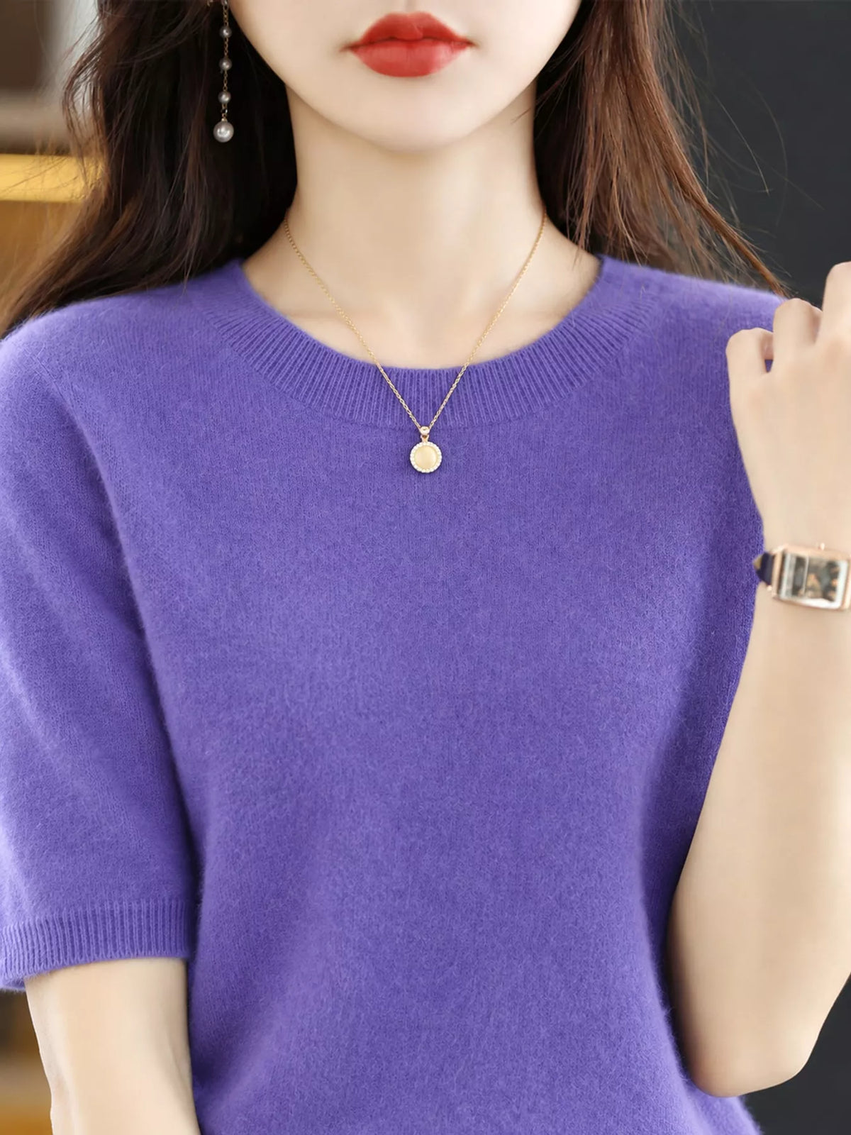 Purple round neck short sleeve sweater