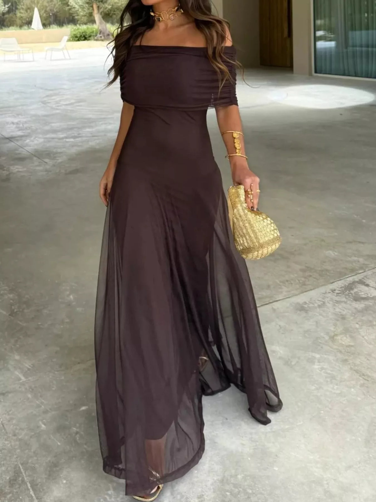 Brown off-shoulder ruched maxi dress — front view