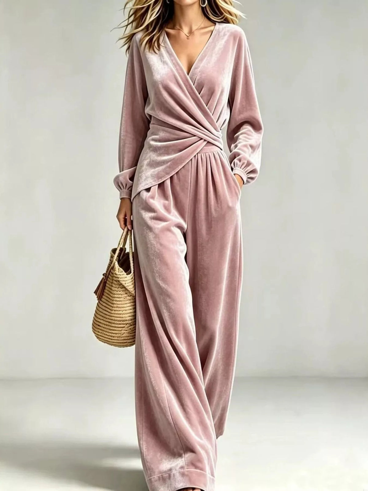 Dusty Pink Velvet Wrap-Front Top and Pants Set front view