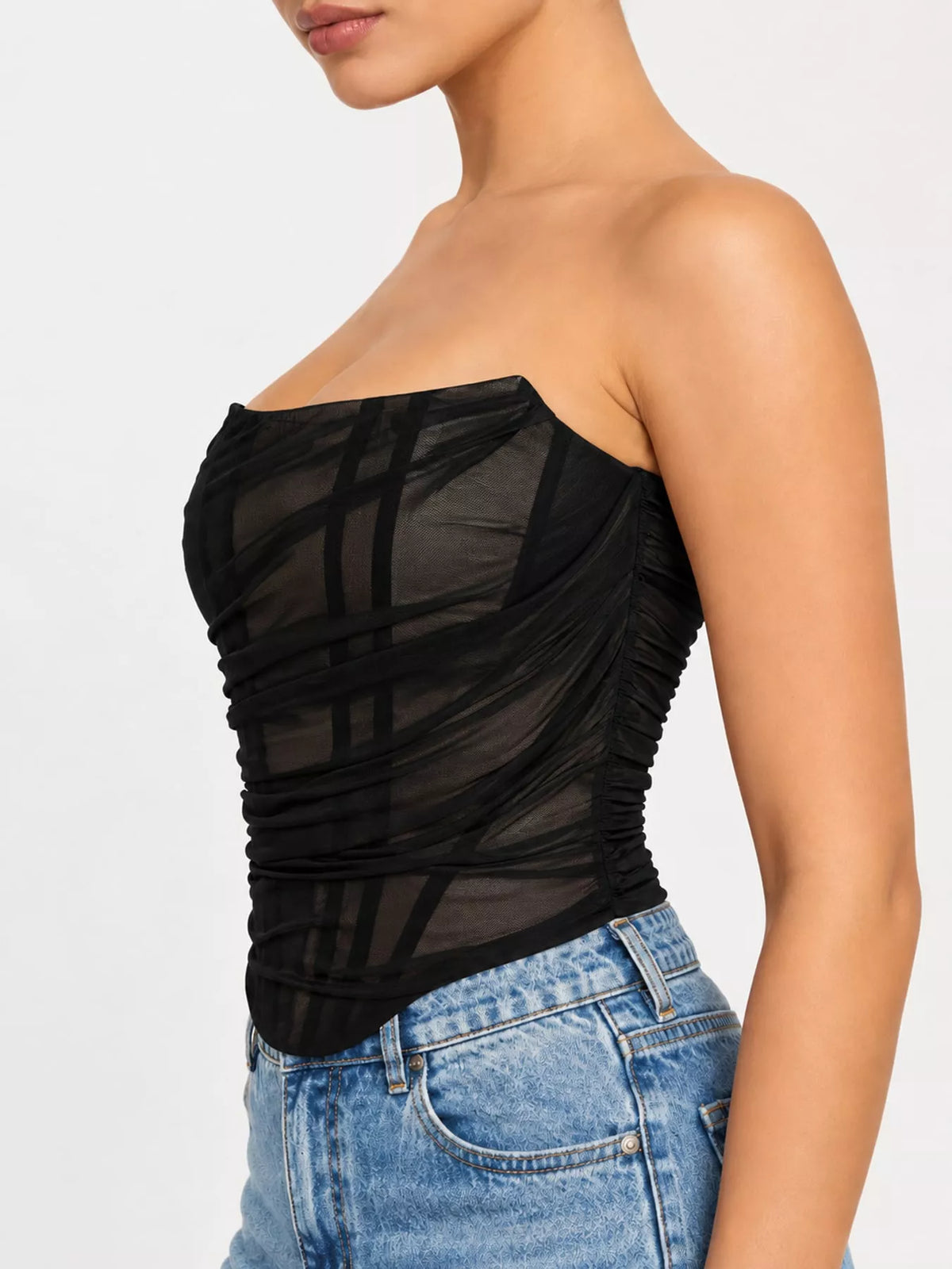 Corset Style Ruched Tube Top in black