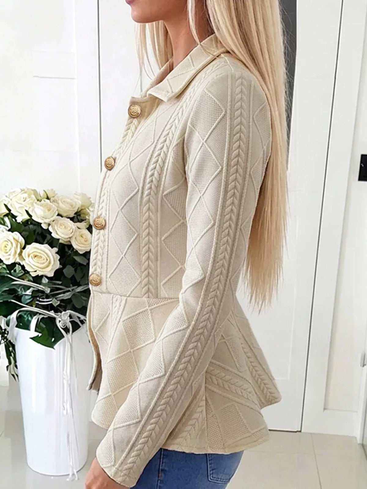 Cream cable-knit button-up cardigan — side view