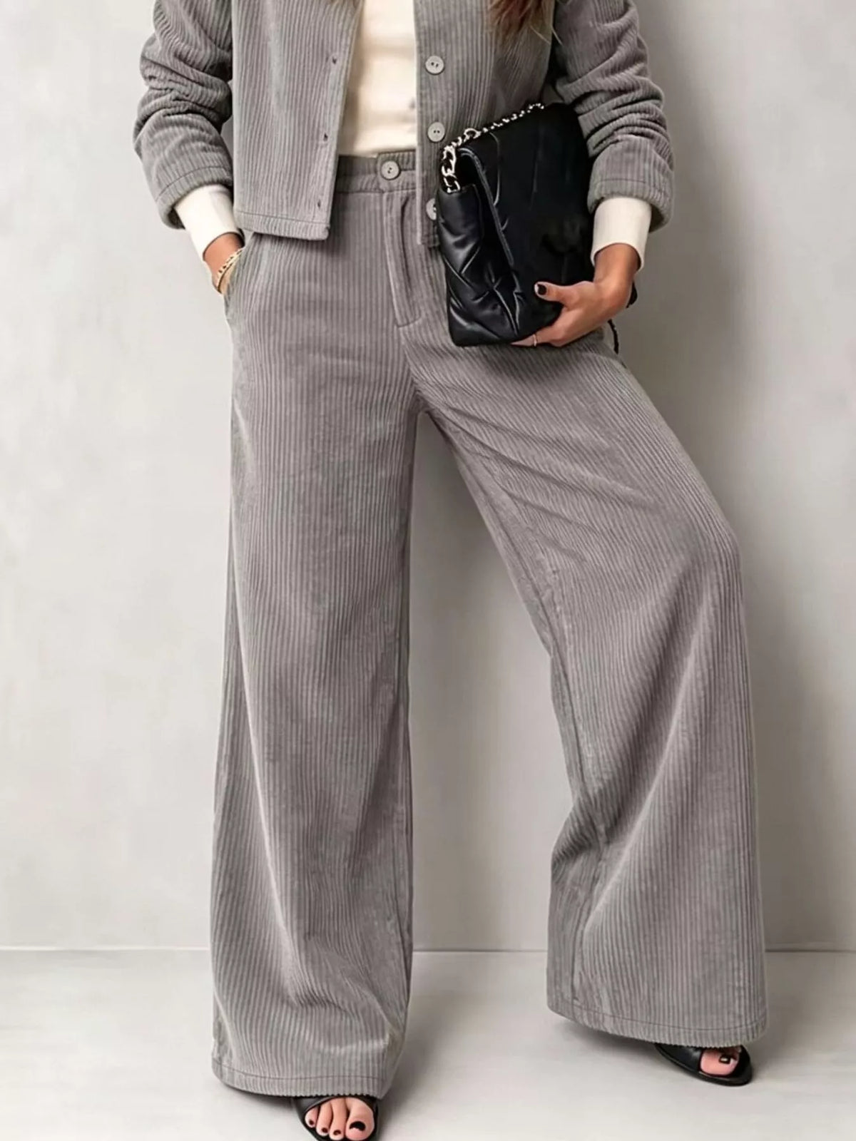 Women's Corduroy Button-Down Jacket and Wide-Leg Pants Two-Piece Set in gray — pants detail view