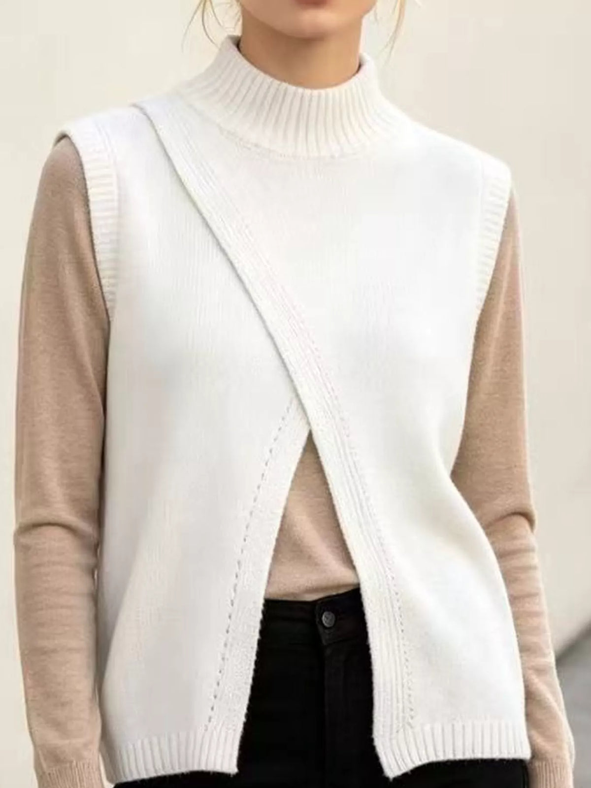 Mock Neck Asymmetrical Hem Knit Sweater Vest in white