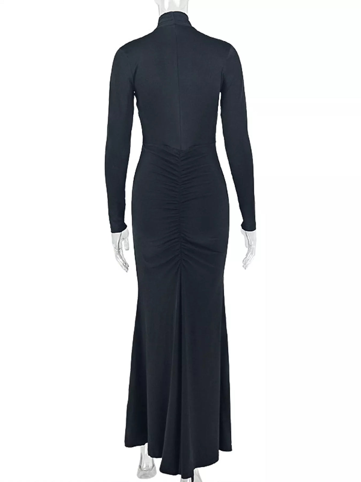 Black long sleeve cutout ruched maxi dress, back view