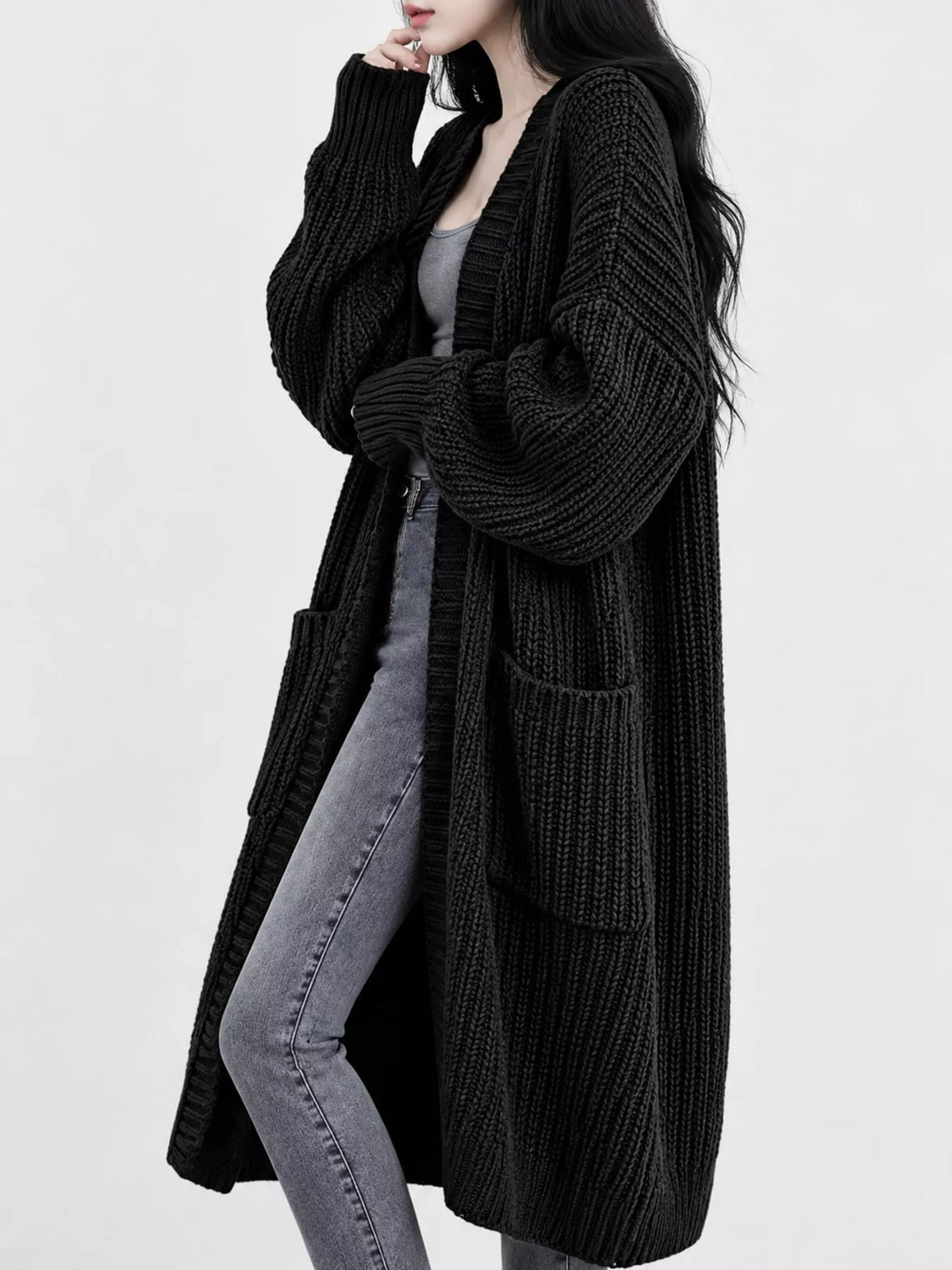 Longline knit cardigan, black side