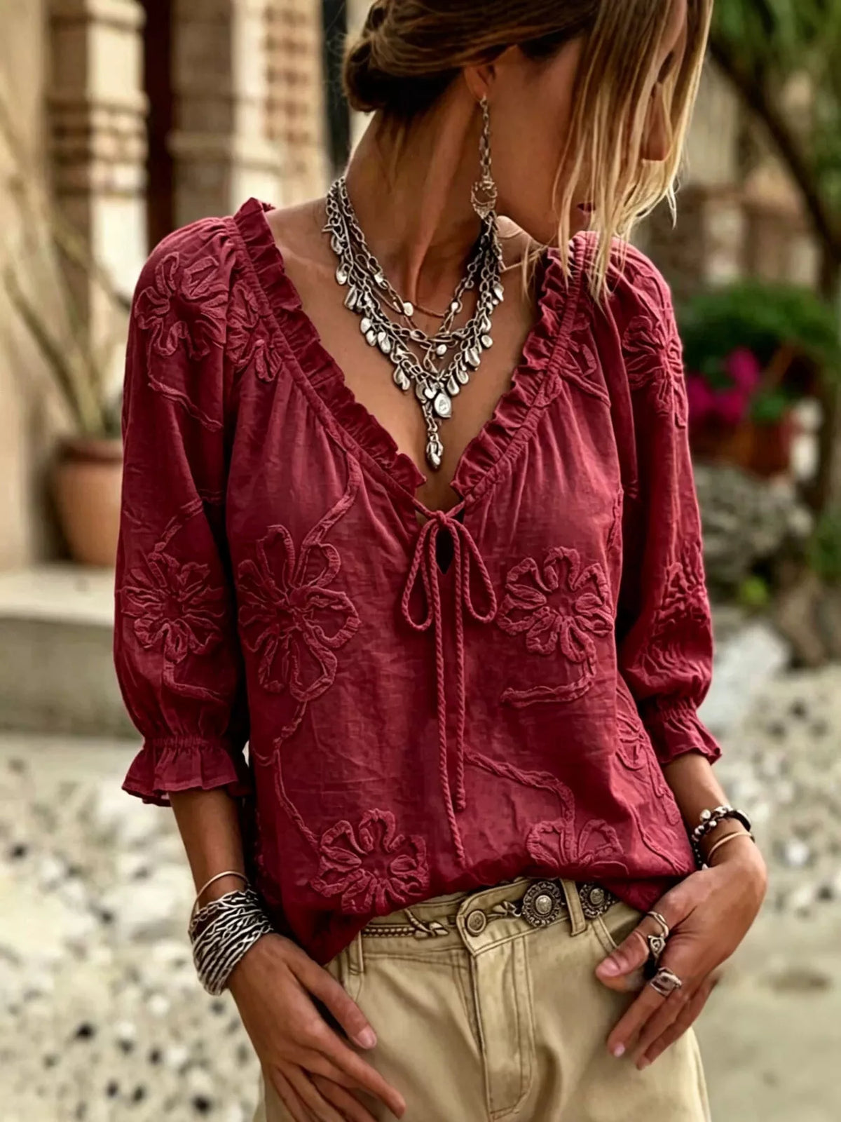 Floral Tie Neck 3/4 Sleeve Blouse in burgundy, front view