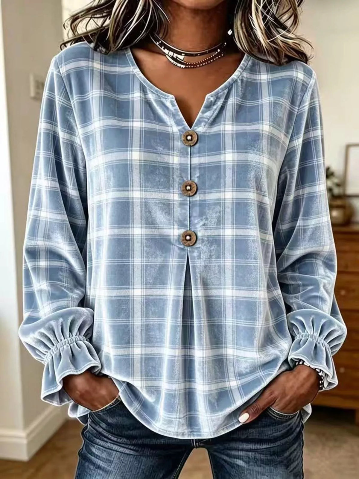 Blue plaid velvet balloon-sleeve blouse, front view
