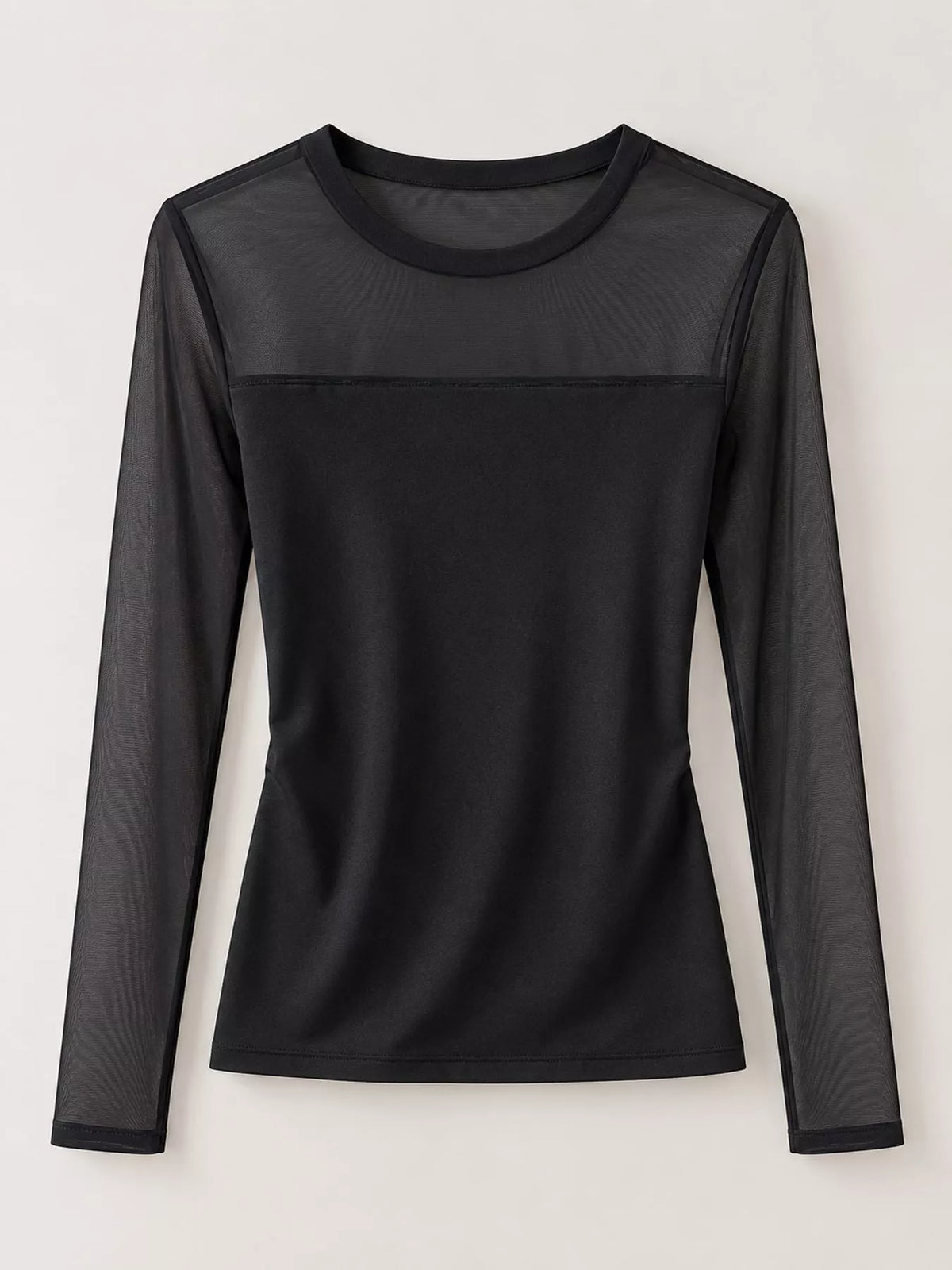 Black sheer mesh patchwork long sleeve t-shirt
