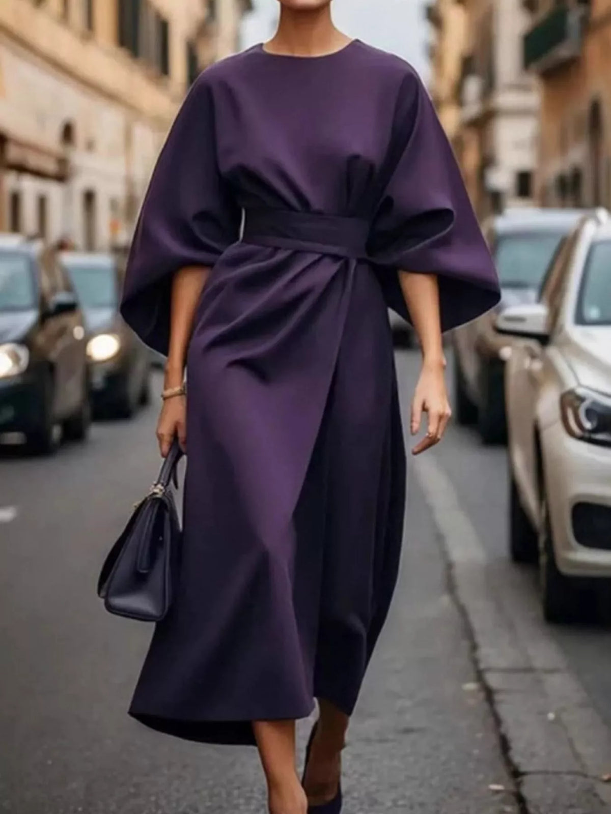 Purple round neck kimono sleeve midi dress