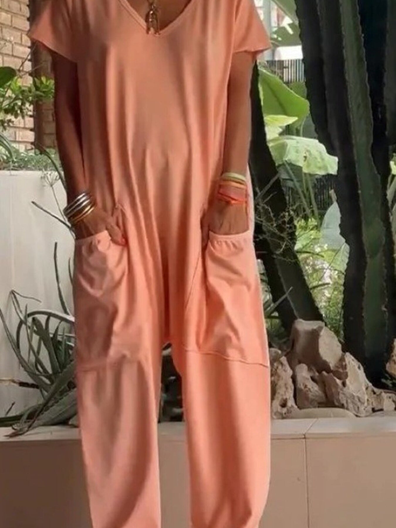 Trendsi Full Size Loose Fit V-Neck Short Sleeve Wide Leg Jumpsuit Plus Size -