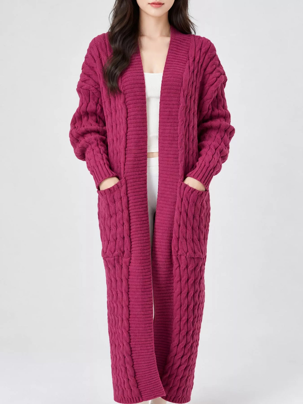 Deep Rose Red cable-knit longline open-front cardigan