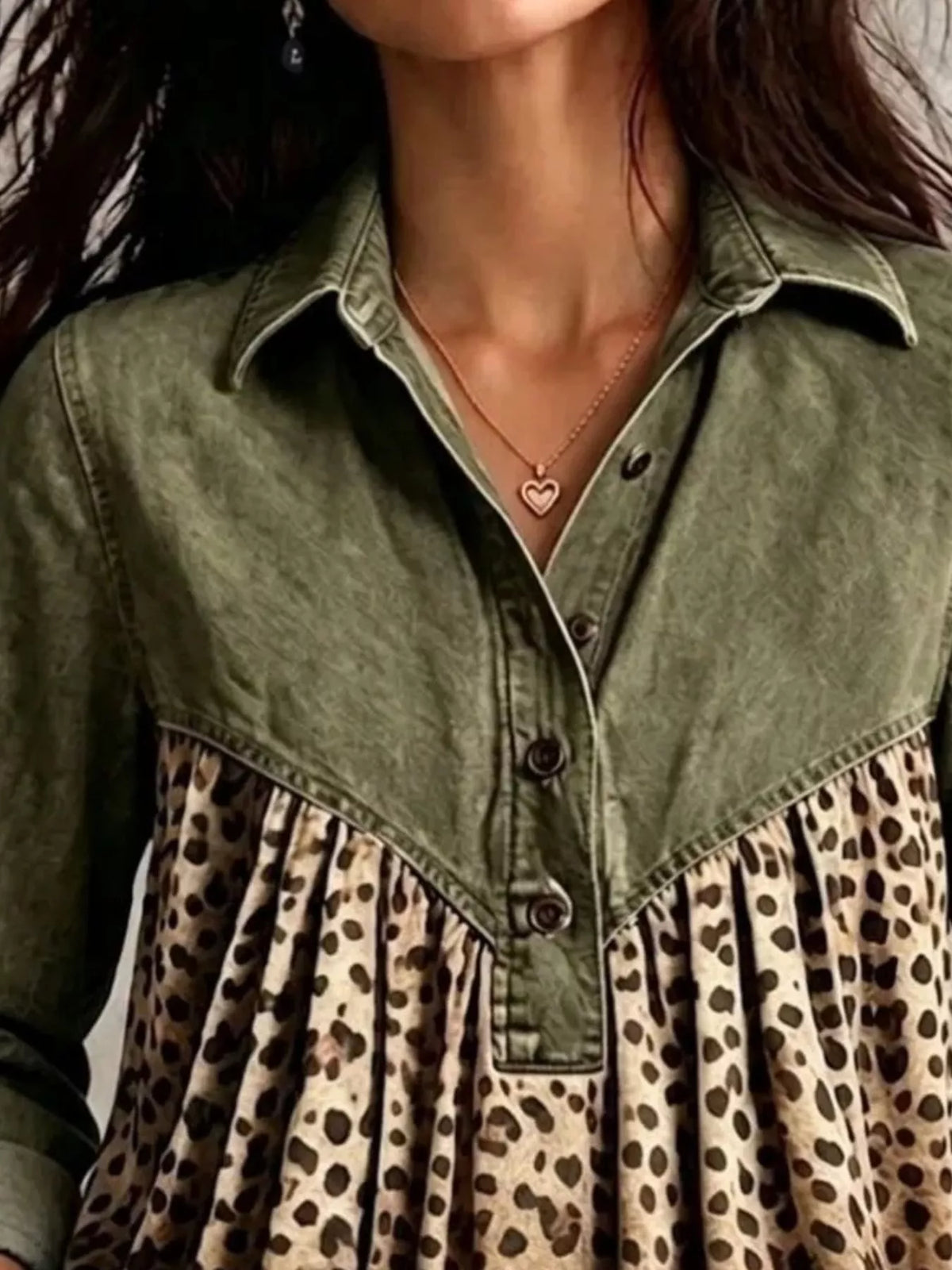 Dark green leopard-panel button-front blouse, neckline close-up