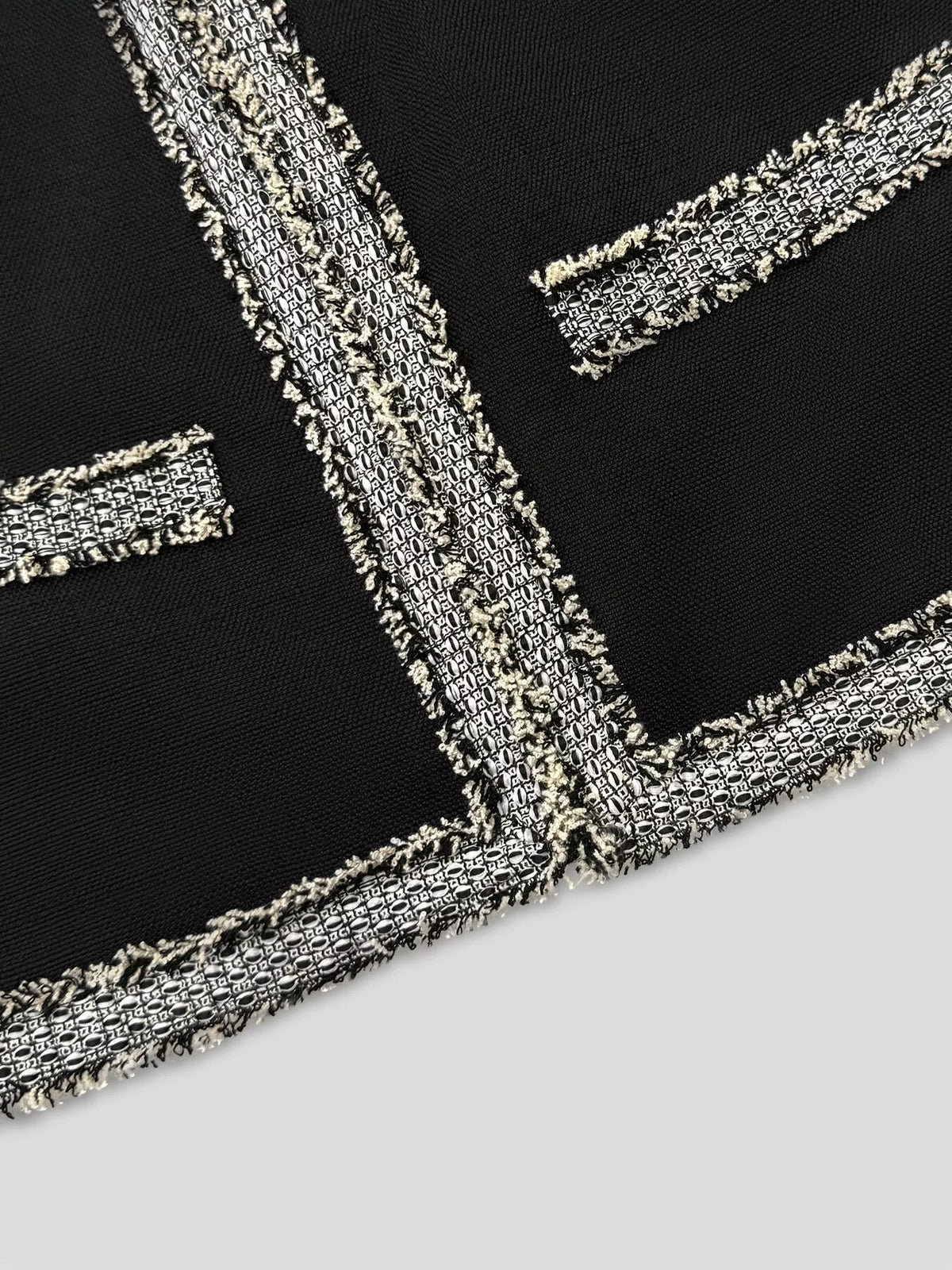 Black Tweed-Trim Open-Front Jacket pocket and trim detail