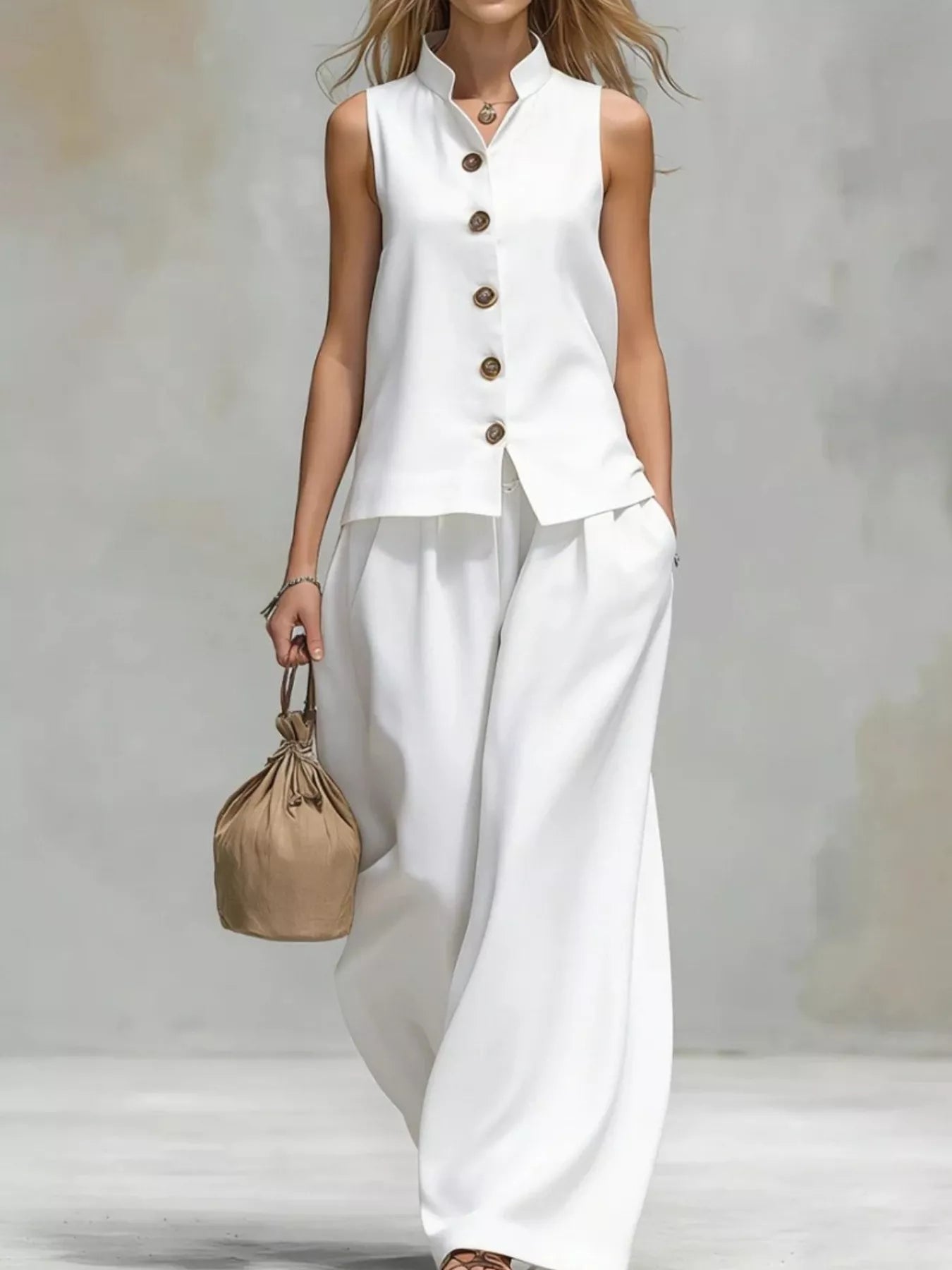Trendsi Sleeveless Button-Down Top and Wide-Leg Pant Set -