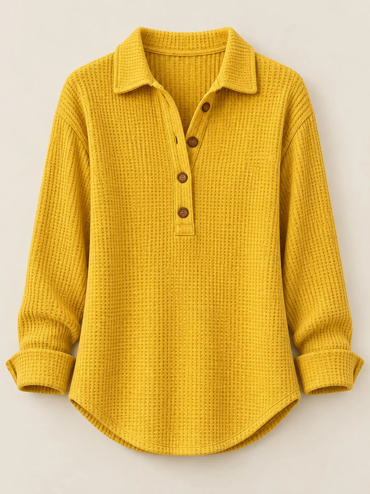Yellow waffle knit long sleeve polo top, front view