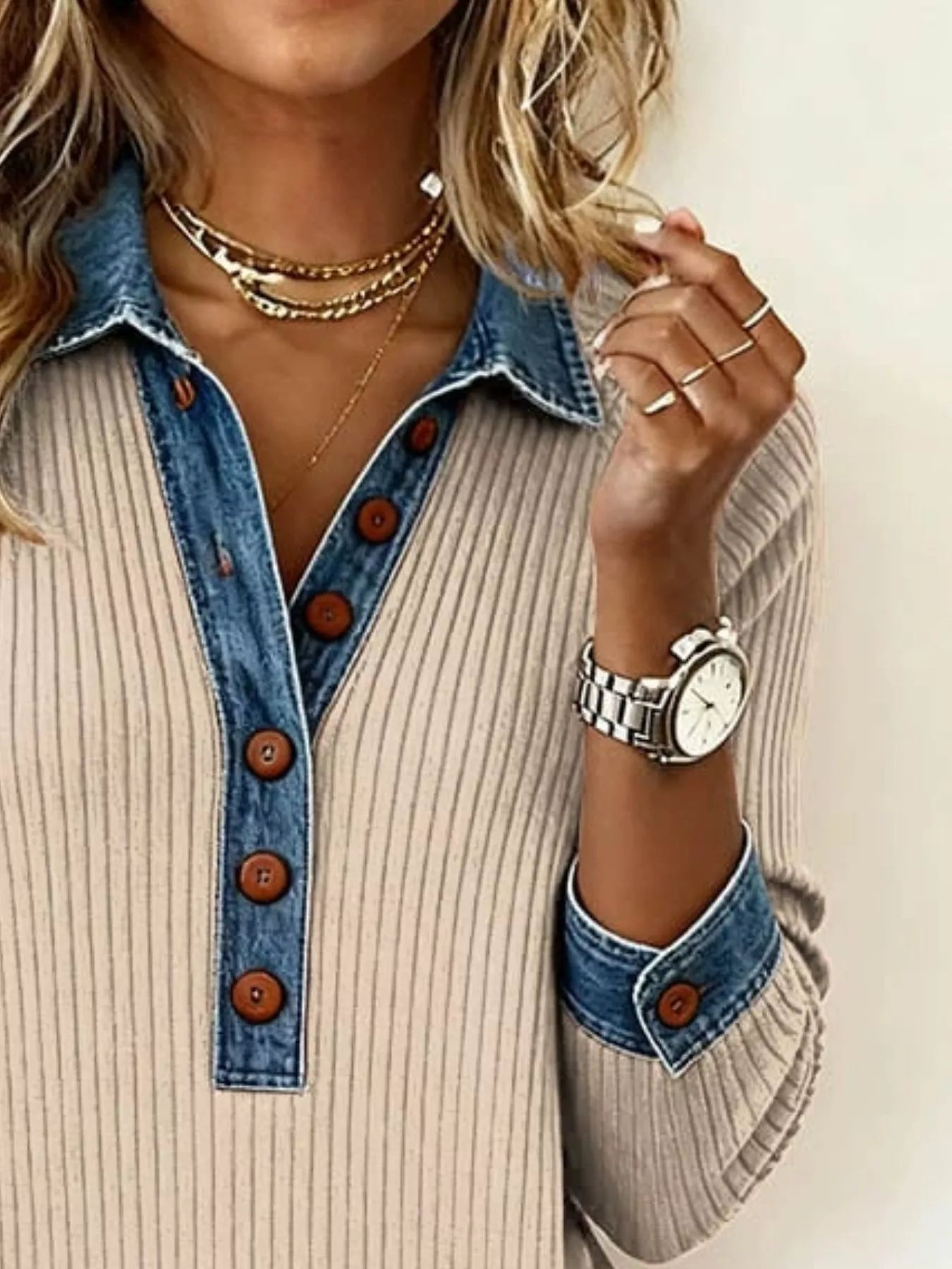 Trendsi Full Size Denim Trim Ribbed Knit Top Plus Size -