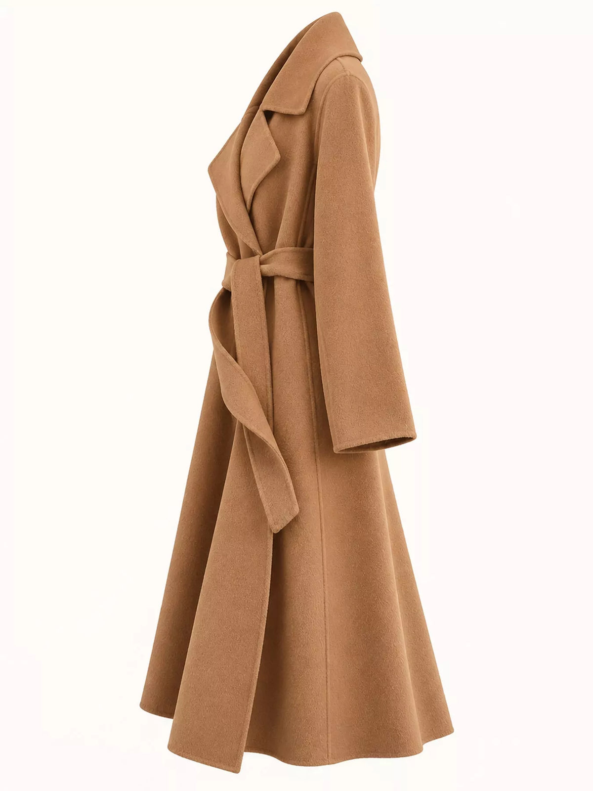 Camel belted longline wool coat, side view