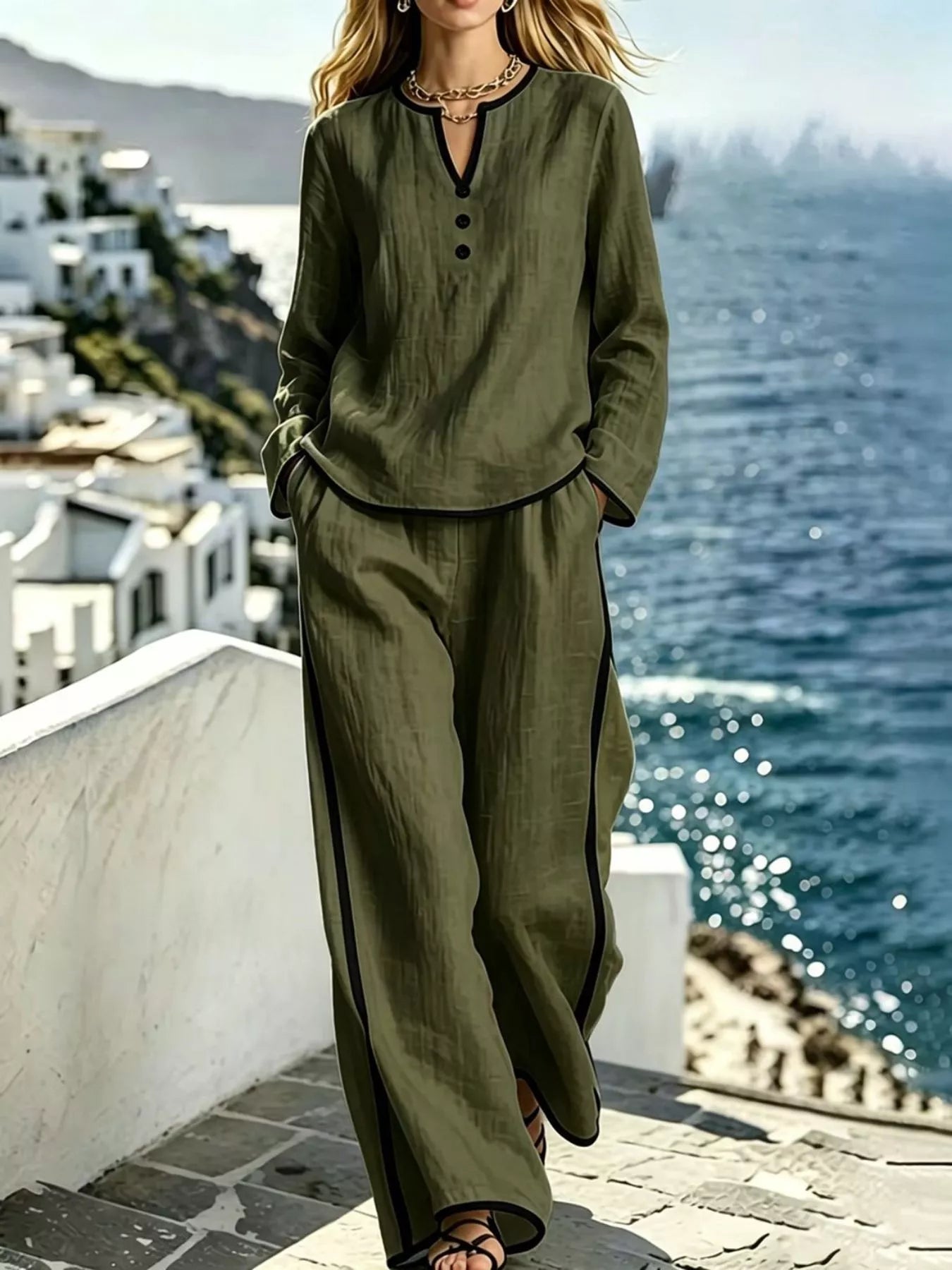 Trendsi Contrast Trim Long Sleeve Top and Pants Set -