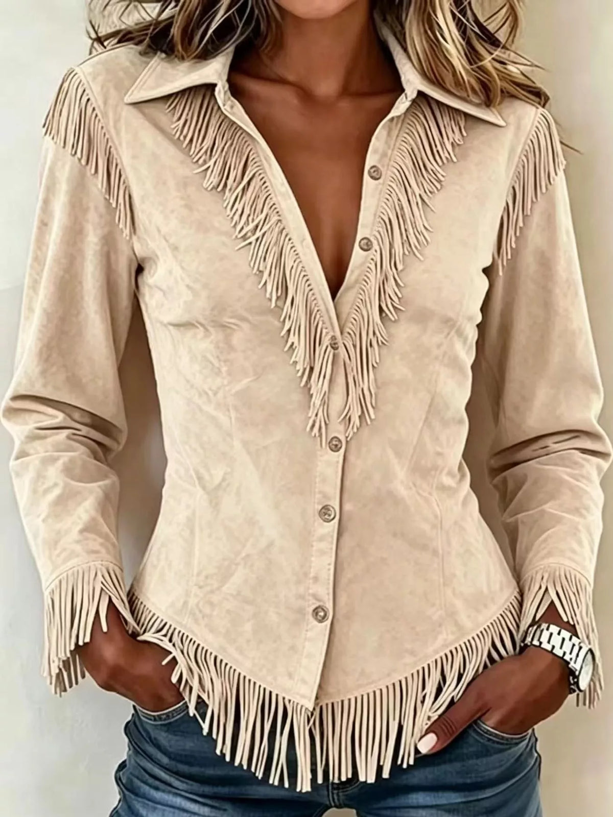 Fringe-detail shirt, tan angled front